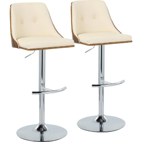 Gianna Adjustable Swivel Bar Stool in Chrome, Walnut Wood & Cream Leatherette (Set of 2)